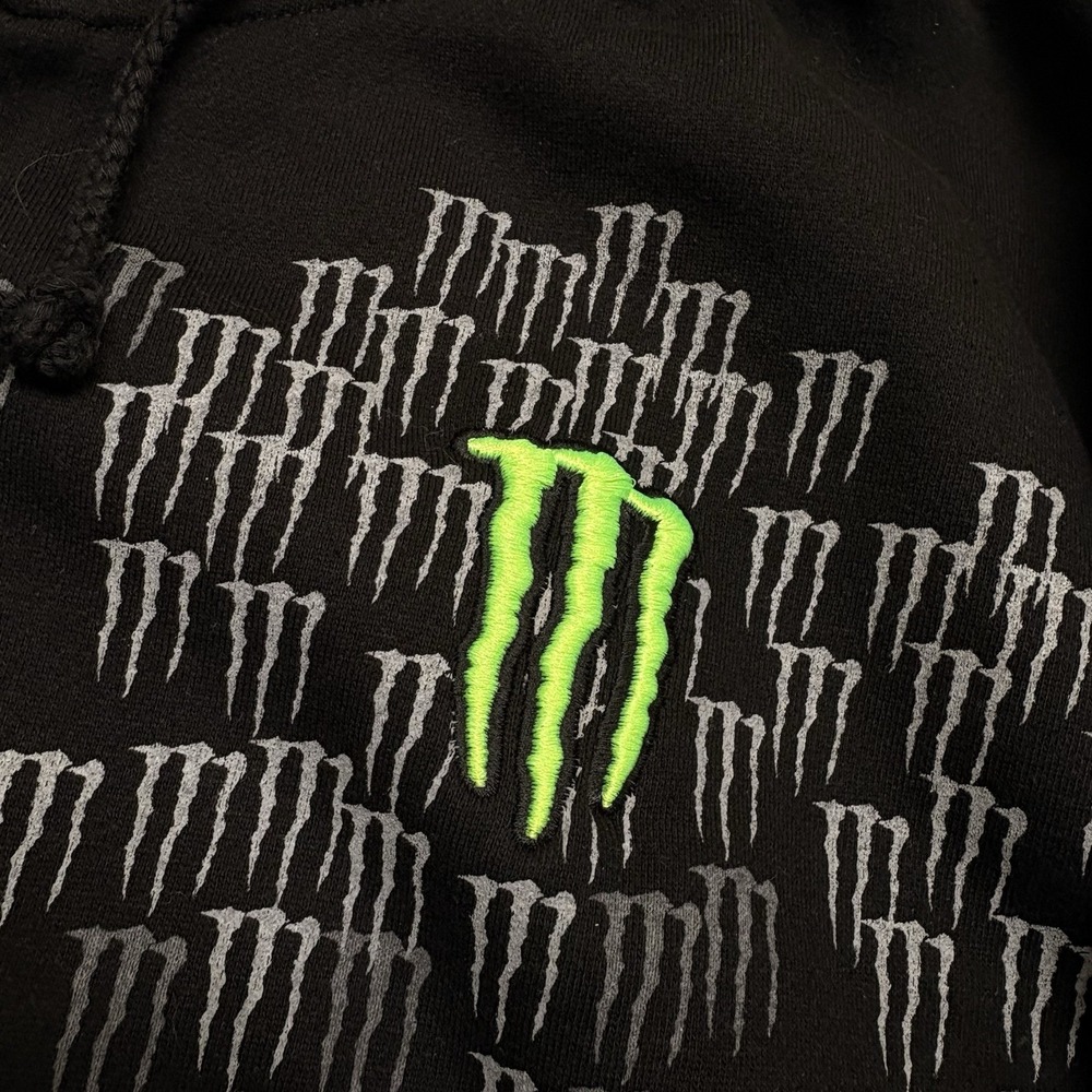Monster Energy All Over Print Logo Zip Up Hoodie Black Green Embroidered XL Y2K - Picture 5 of 9
